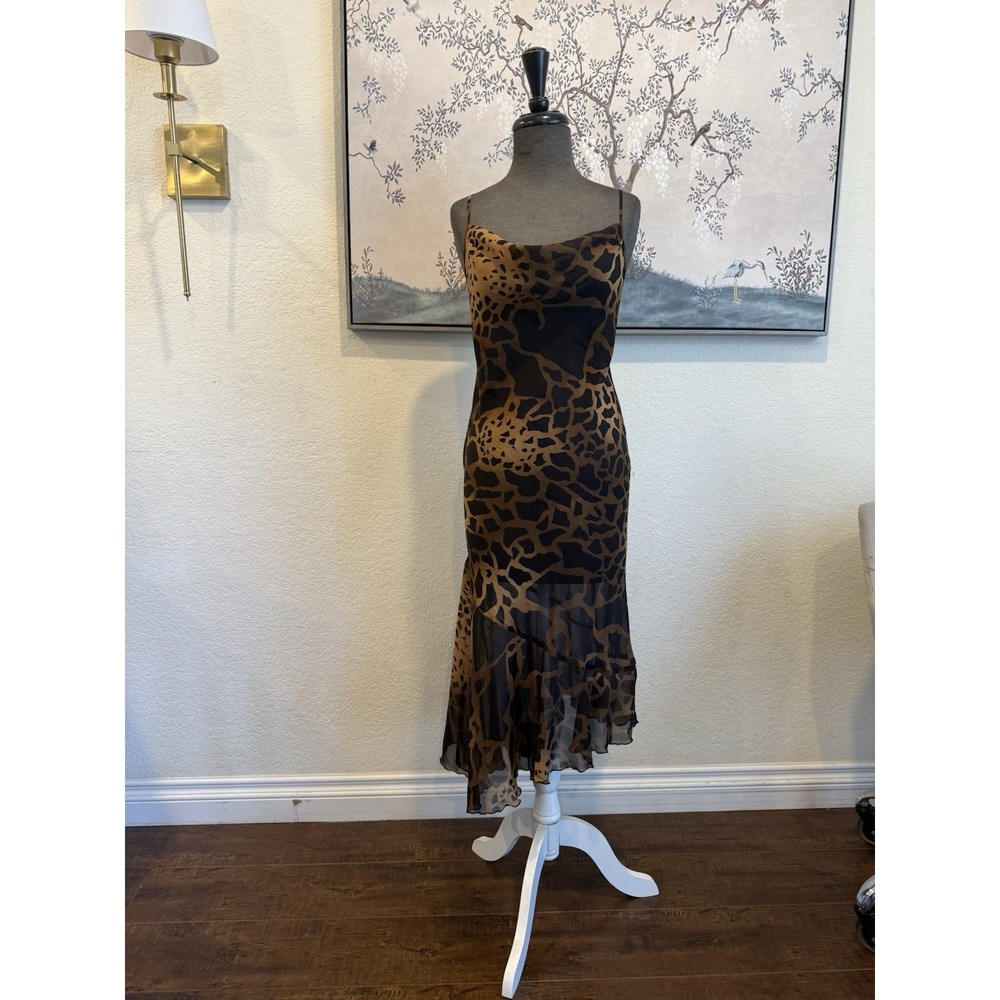 Brown Black Animal Print Chiffon Midi Slip Dress Ruffle Cowl Neck Strappy S